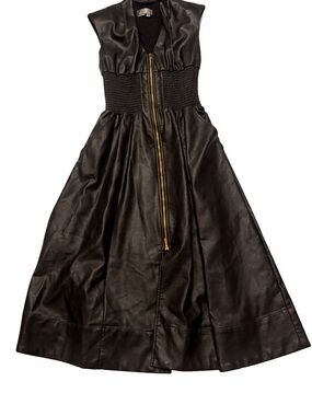 Anthropologie Black Faux Leather Midi Dress Zip Front Cinched Waist Small